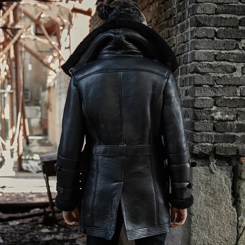 Men’s B7 Bomber Sheepskin Leather Coat in Black with Oversized Collar