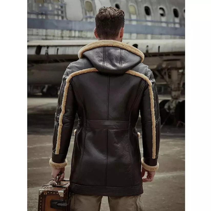 Men’s B7 Bomber Sheepskin Leather Coat in Dark Brown with Hood