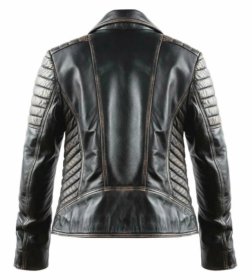 Men's Biker Distressed Leather Jacket in Black