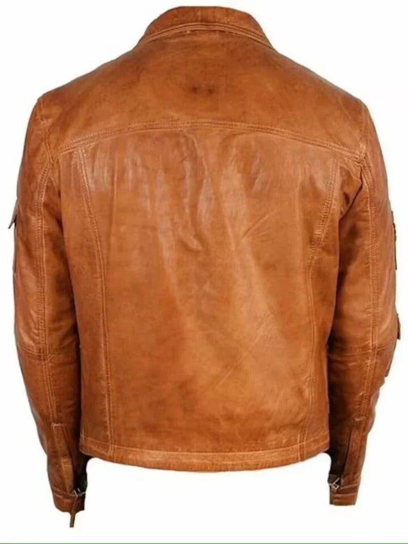 Men’s Vintage Distressed Brown Biker Leather Jacket – Handmade Motorcycle Cafe Racer with 4 Pockets, Customizable Color