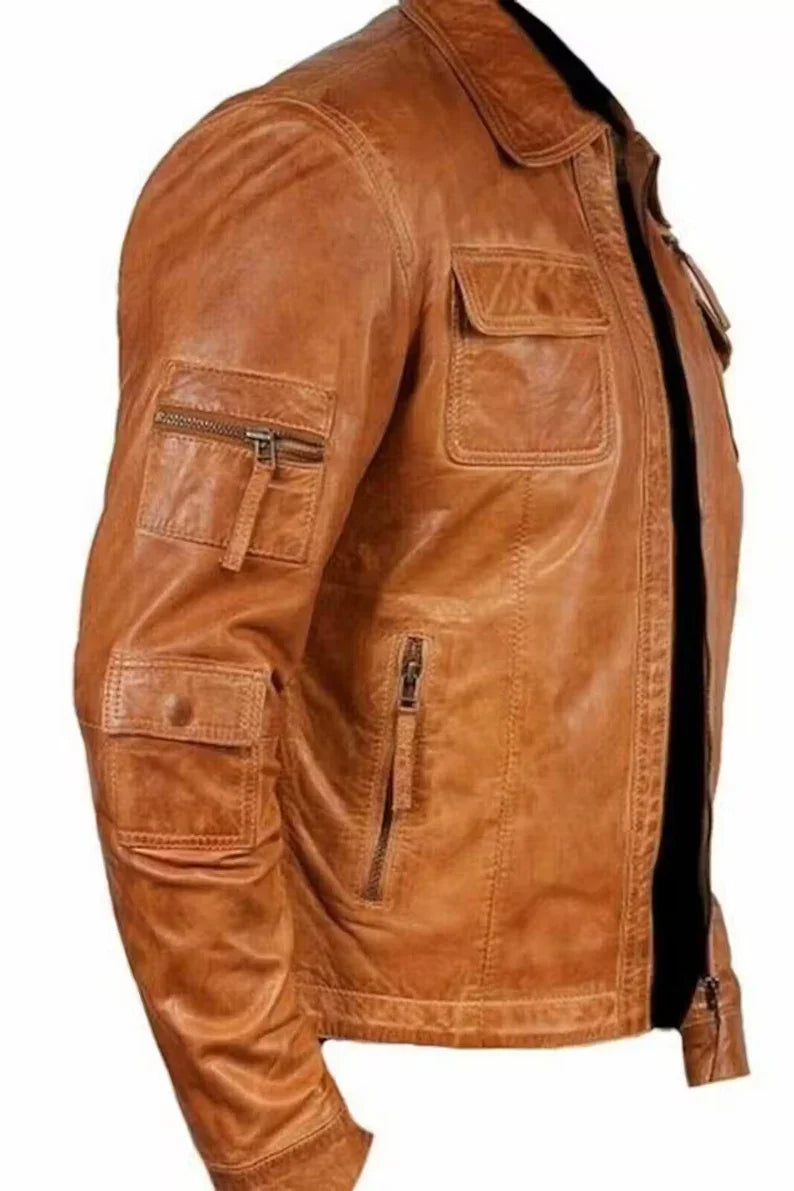 Men’s Vintage Distressed Brown Biker Leather Jacket – Handmade Motorcycle Cafe Racer with 4 Pockets, Customizable Color