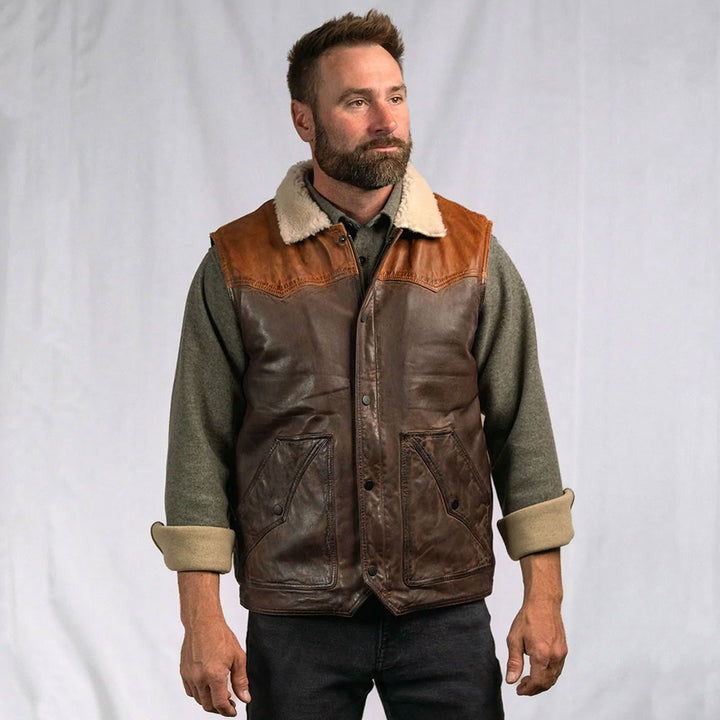Men's Dark Brown Shearling Leather Biker Vest