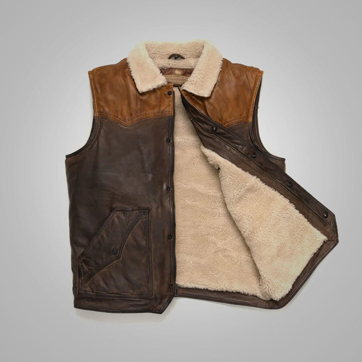Men's Dark Brown Shearling Leather Biker Vest