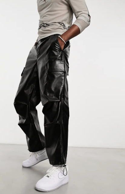 Men's Black Cargo Leather Pants