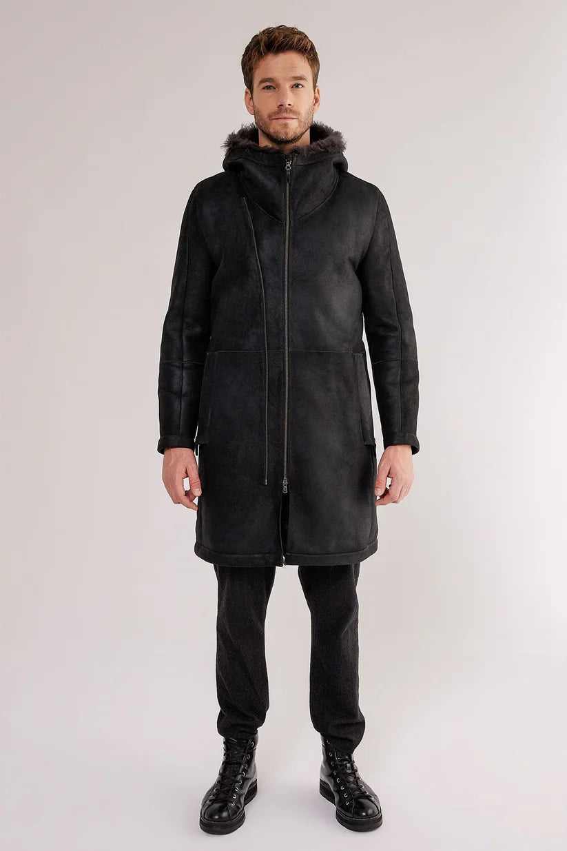 Men's Black Hooded Shearling Leather Coat