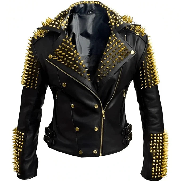Men’s Black Biker Leather Jacket with Gold Studs – Luxe Rebel Style