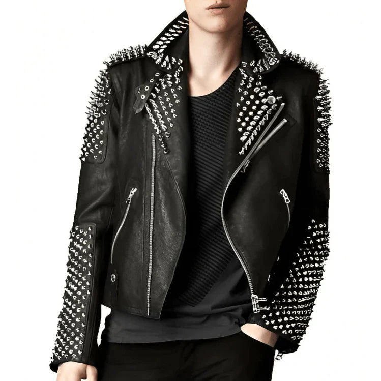 Men’s Black Studded Biker Leather Jacket – Classic Rebel Look