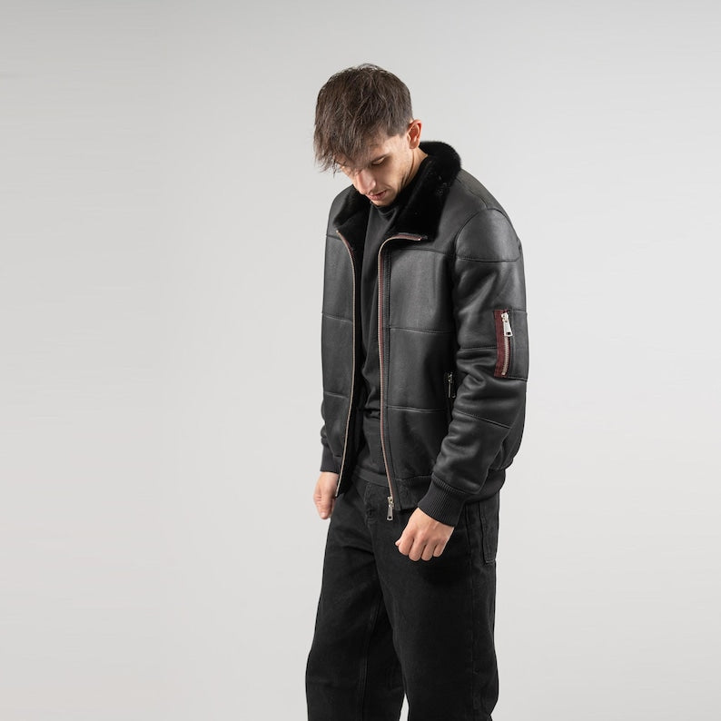 Men’s Black Sheepskin Leather Jacket with Fur Collar – Stylish & Warm