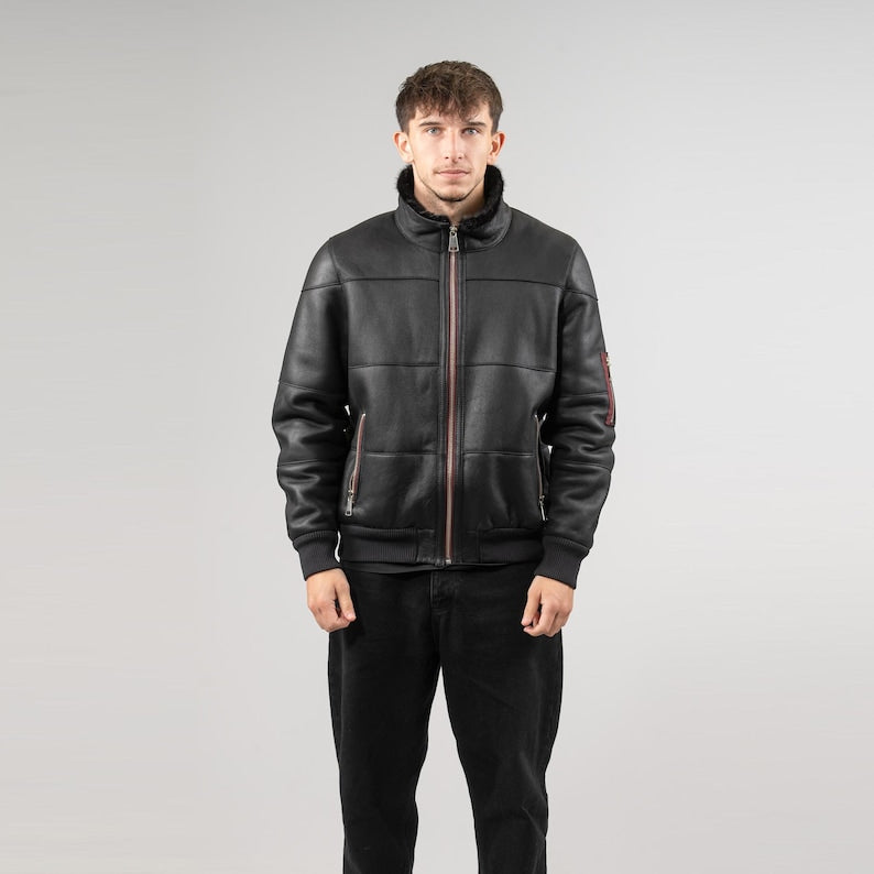 Men’s Black Sheepskin Leather Jacket with Fur Collar – Stylish & Warm