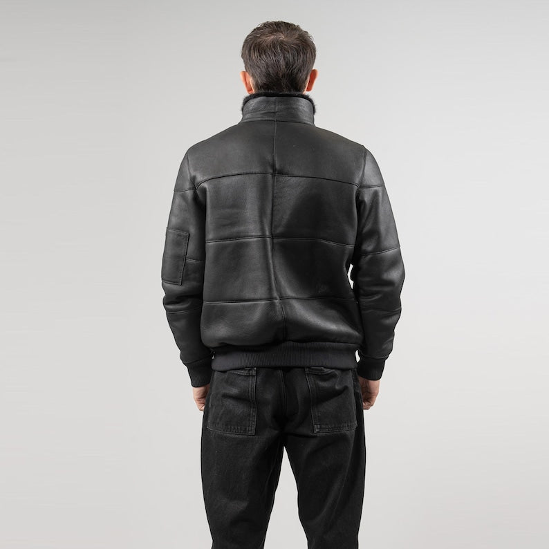Men’s Black Sheepskin Leather Jacket with Fur Collar – Stylish & Warm