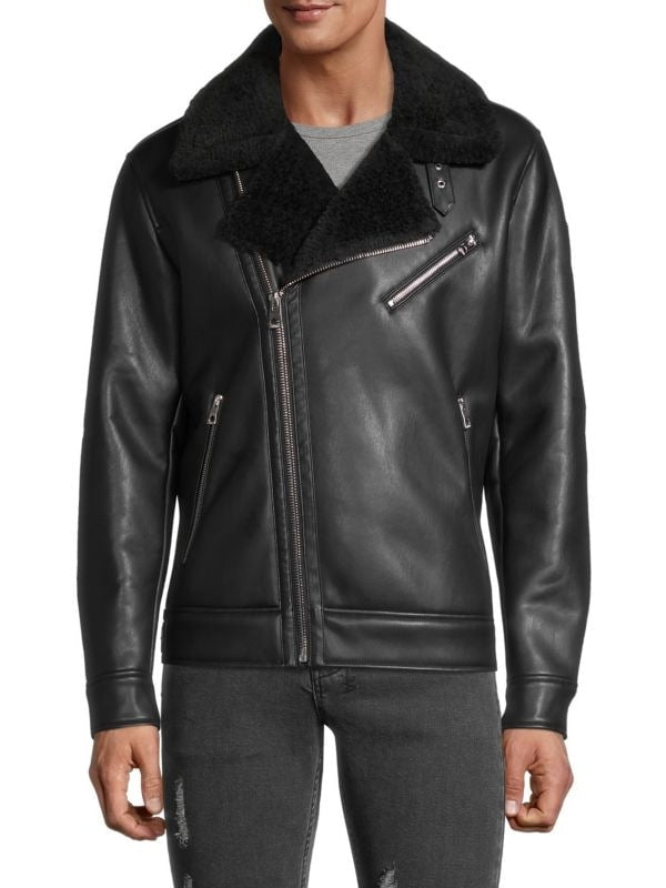 Men's Black Sheepskin Shearling Biker Leather Jacket