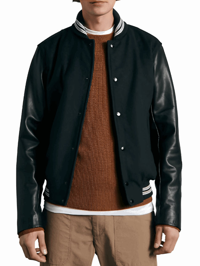 Men’s Black Varsity Bomber Leather Jacket – Classic Street Style Outerwear