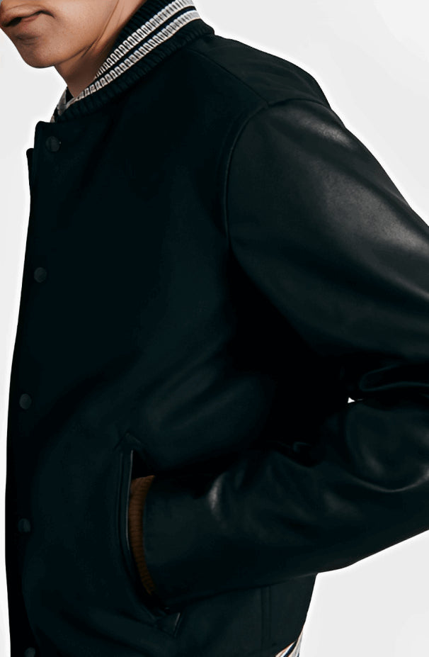 Men’s Black Varsity Bomber Leather Jacket – Classic Street Style Outerwear
