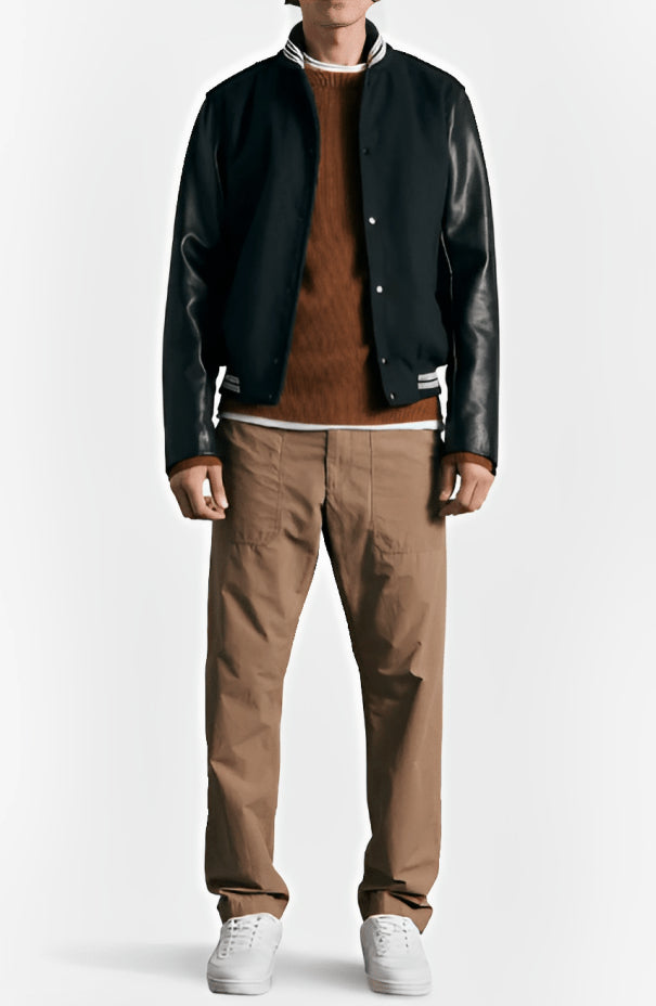 Men’s Black Varsity Bomber Leather Jacket – Classic Street Style Outerwear