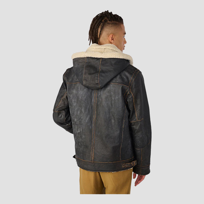 Black Vintage Shearling Leather Jacket with Removable Hood