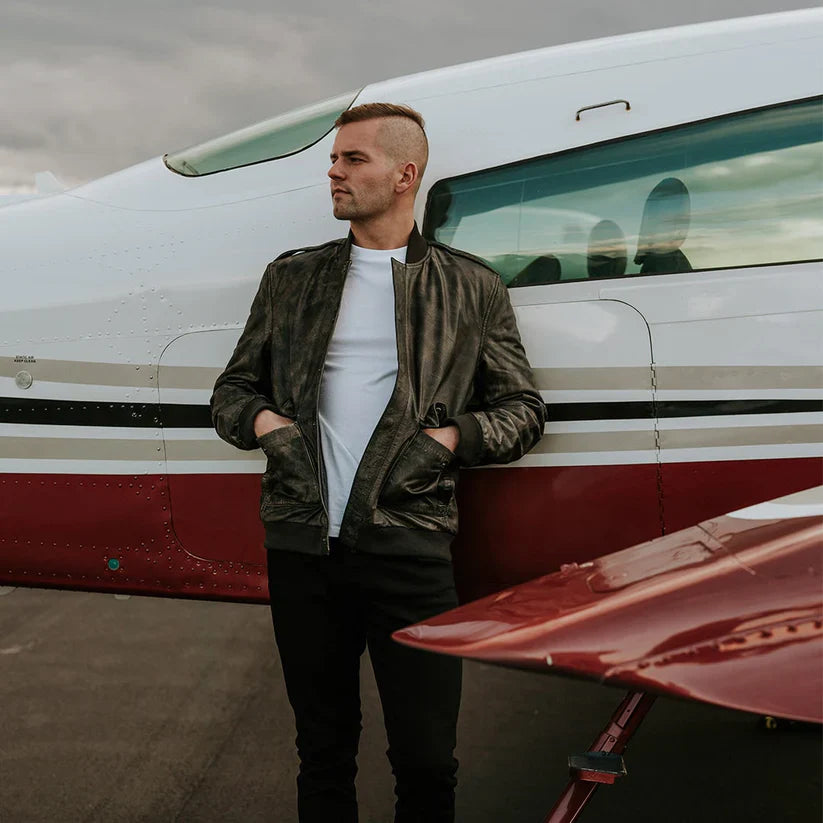 Men's Bomber Vintage Leather Jacket in Black