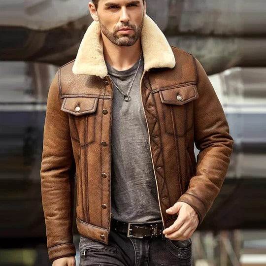 Men's Brown RAF B3 Shearling Leather Trucker Jacket