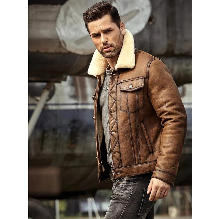 Men's Brown RAF B3 Shearling Leather Trucker Jacket