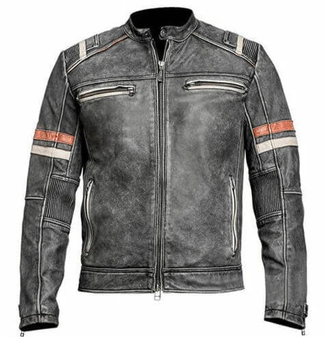 Men’s Café Racer Distressed Leather Jacket in Black