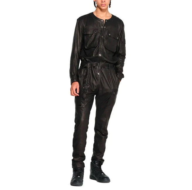 Men's Black Leather Cargo Jumpsuit – Bold & Stylish Design