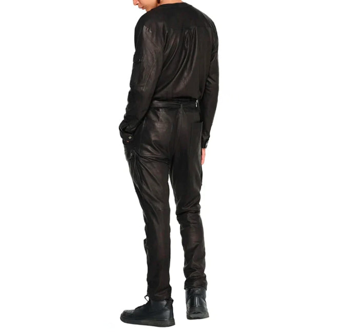 Men's Black Leather Cargo Jumpsuit – Bold & Stylish Design