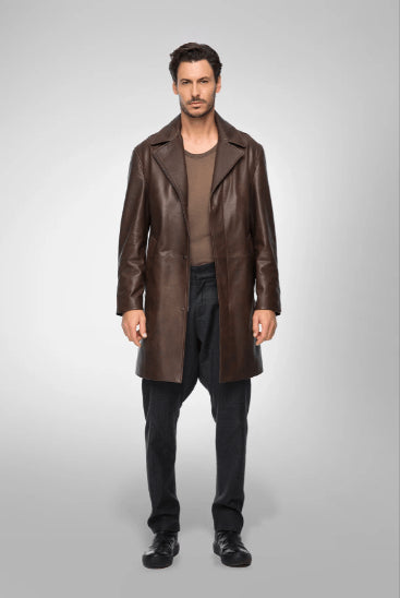 Men’s Coffee Brown Leather Coat – Casual Mid-Length Outerwear