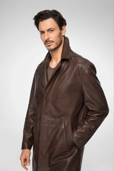 Men’s Coffee Brown Casual Leather Coat – Stylish & Versatile
