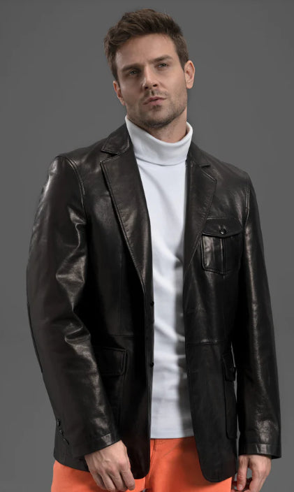 Men's Premium Black Leather Blazer – Classic & Timeless Style