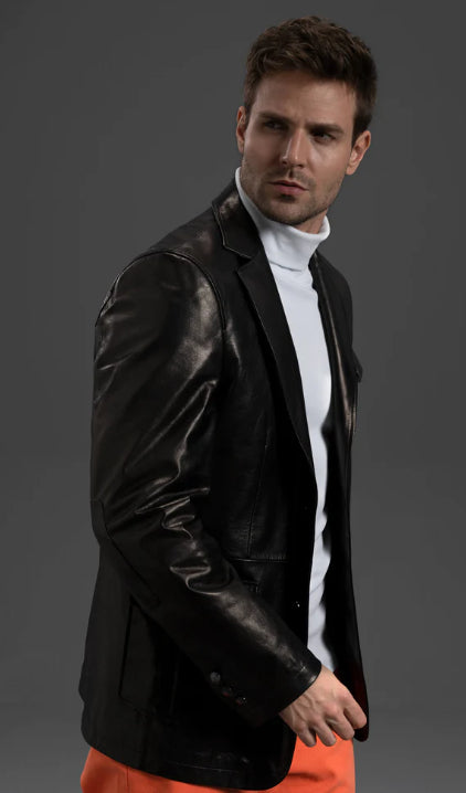 Men's Premium Black Leather Blazer – Classic & Timeless Style