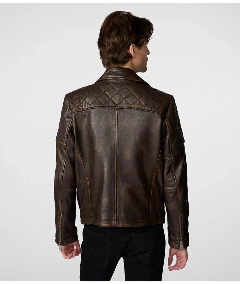 Men's Distressed Biker Leather Jacket In Dark Brown