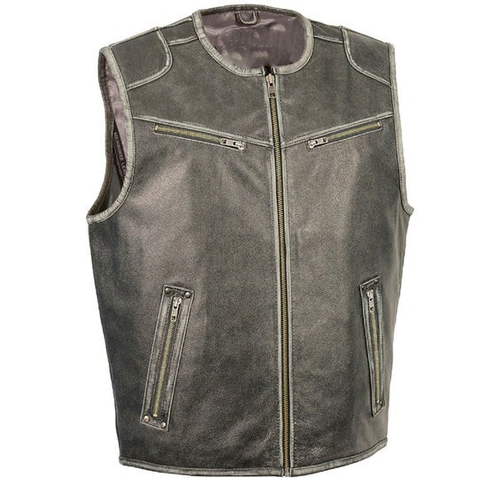 Men's Distressed Black Leather Biker Vest
