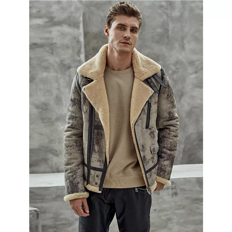 Men’s Distressed Biker Shearling Leather Jacket