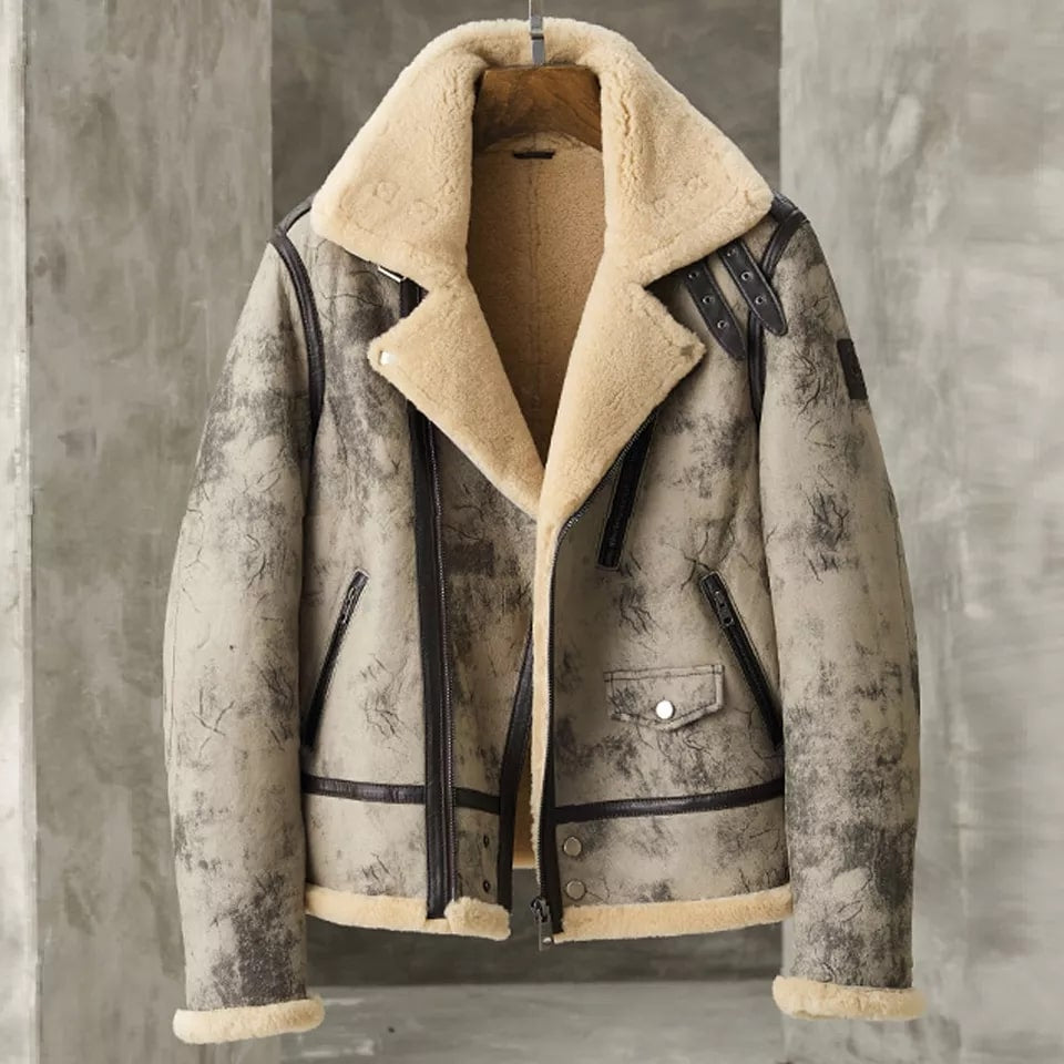 Men’s Distressed Biker Shearling Leather Jacket