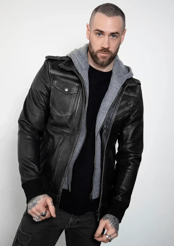 Men's Distressed Bomber Leather Jacket in Black – Arcane