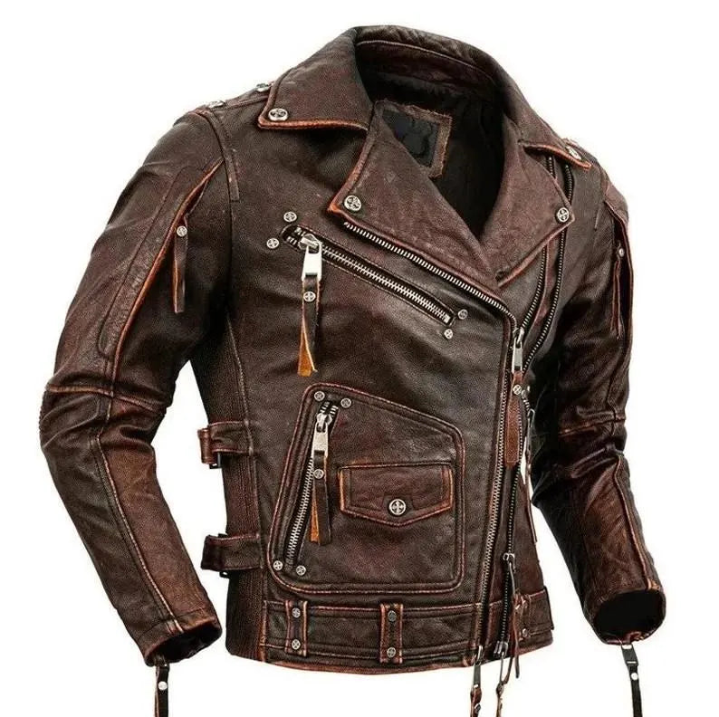 Men’s Distressed Brown Leather Biker Jacket – Vintage Motorcycle Style