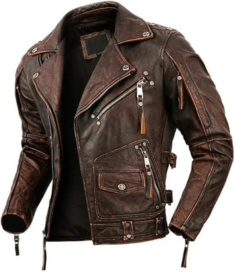 Men’s Distressed Brown Leather Biker Jacket – Vintage Motorcycle Style