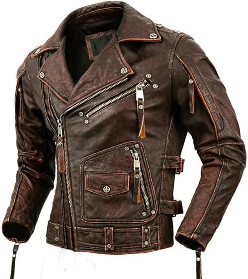 Men’s Distressed Brown Leather Biker Jacket – Vintage Motorcycle Style