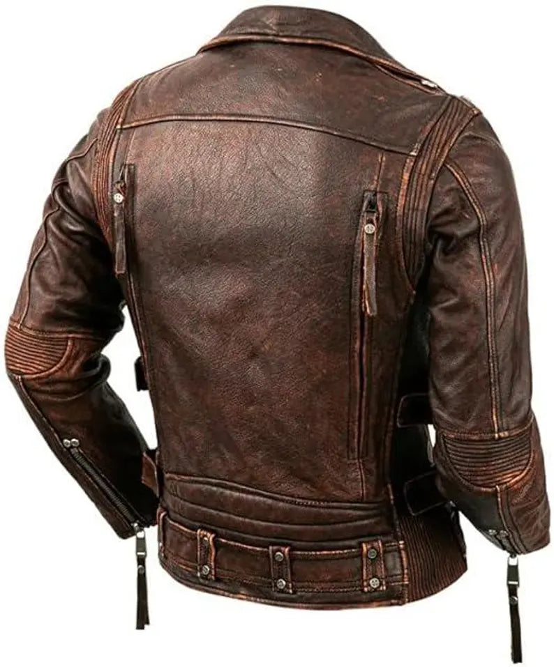 Men’s Distressed Brown Leather Biker Jacket – Vintage Motorcycle Style