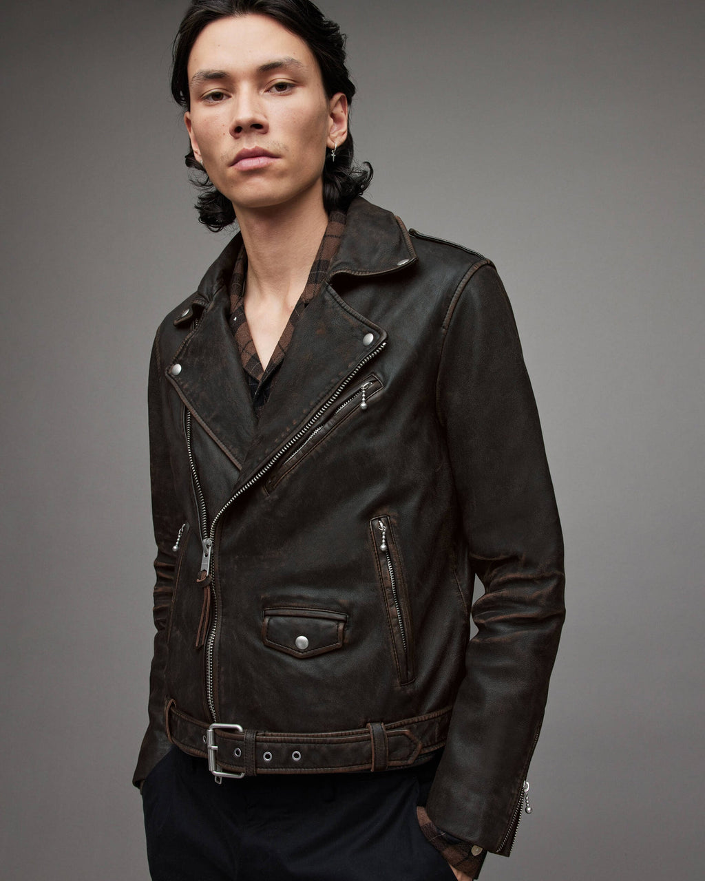 Men's Black Distressed Leather Biker Jacket