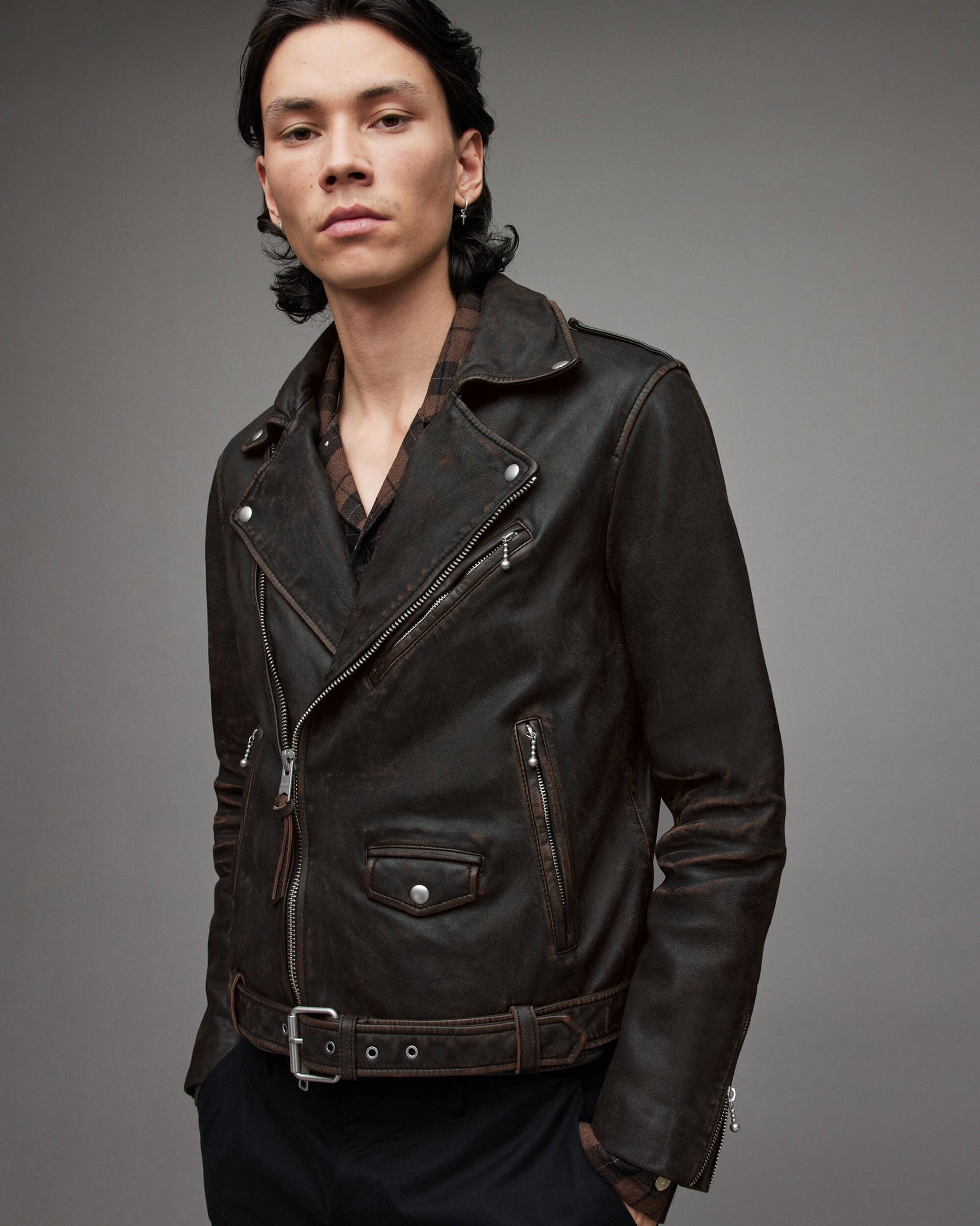 Men's Black Distressed Leather Biker Jacket