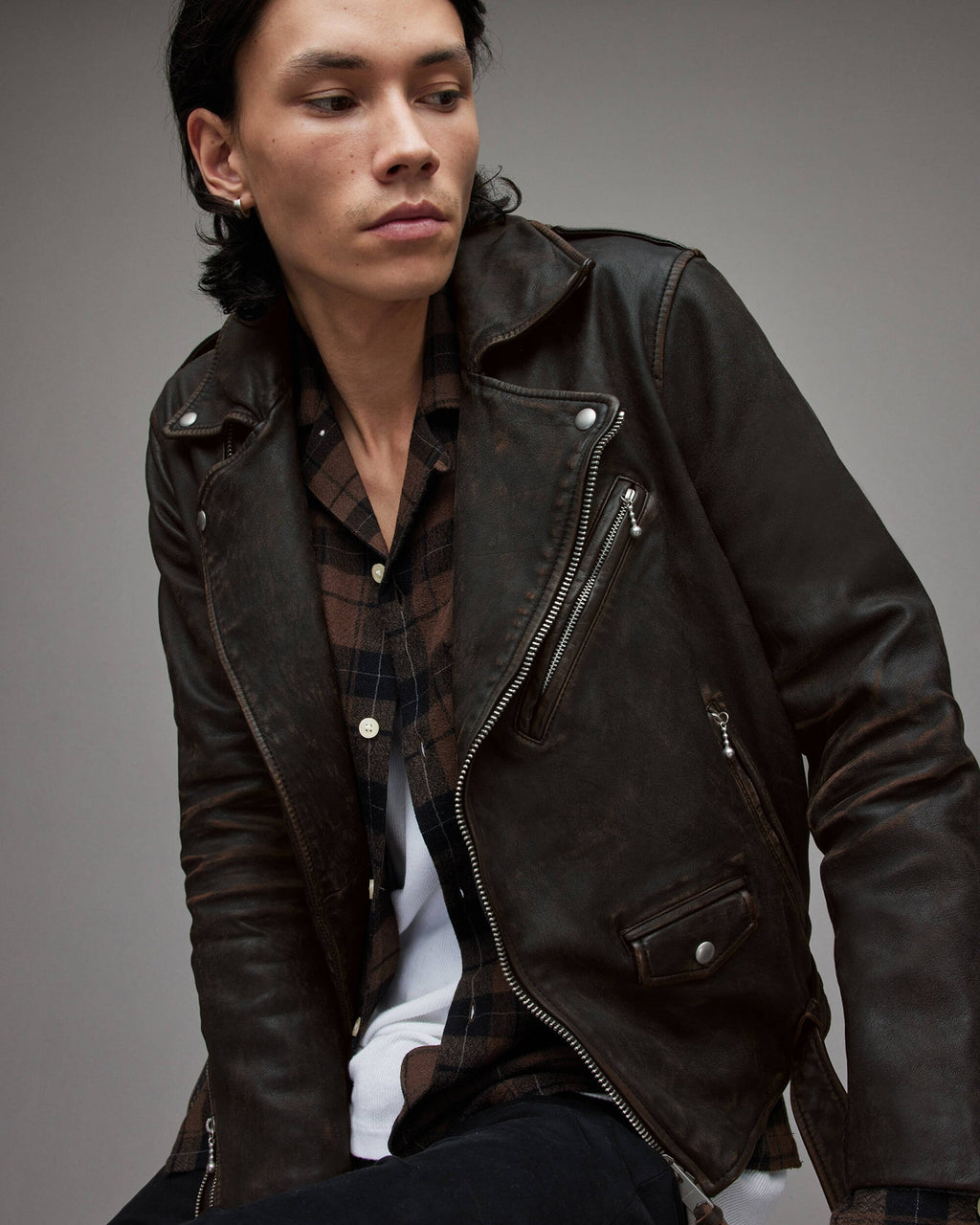 Men's Black Distressed Leather Biker Jacket