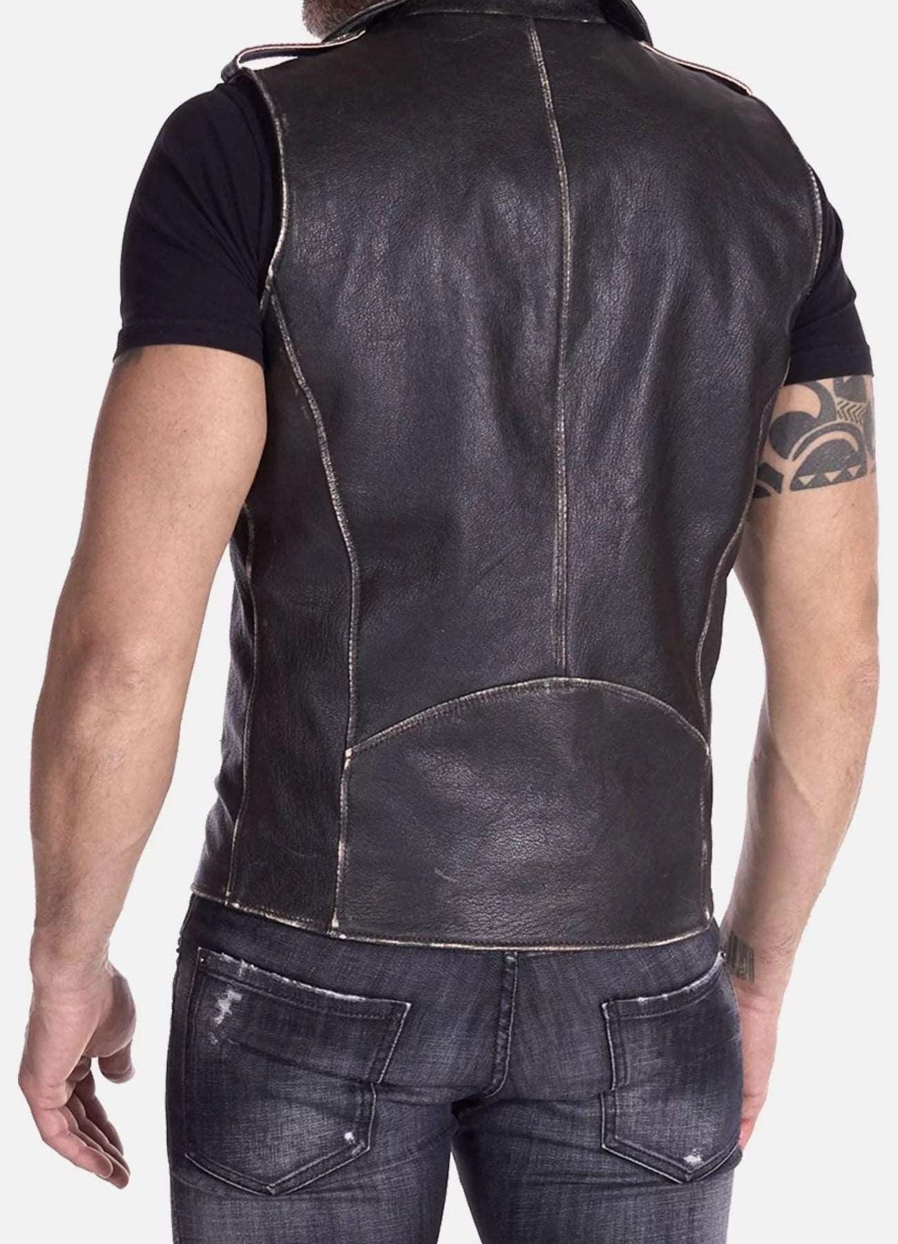 Distressed Black Leather Biker Vest