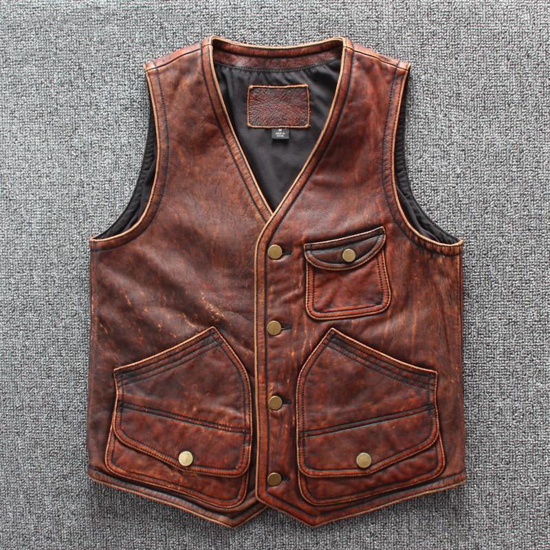 Vintage Brown Distressed Leather Biker Vest