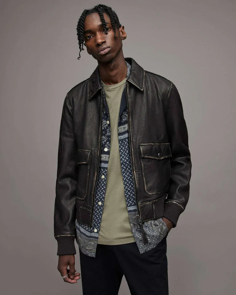 Men's Distressed Leather Bomber Harrington Jacket in Black