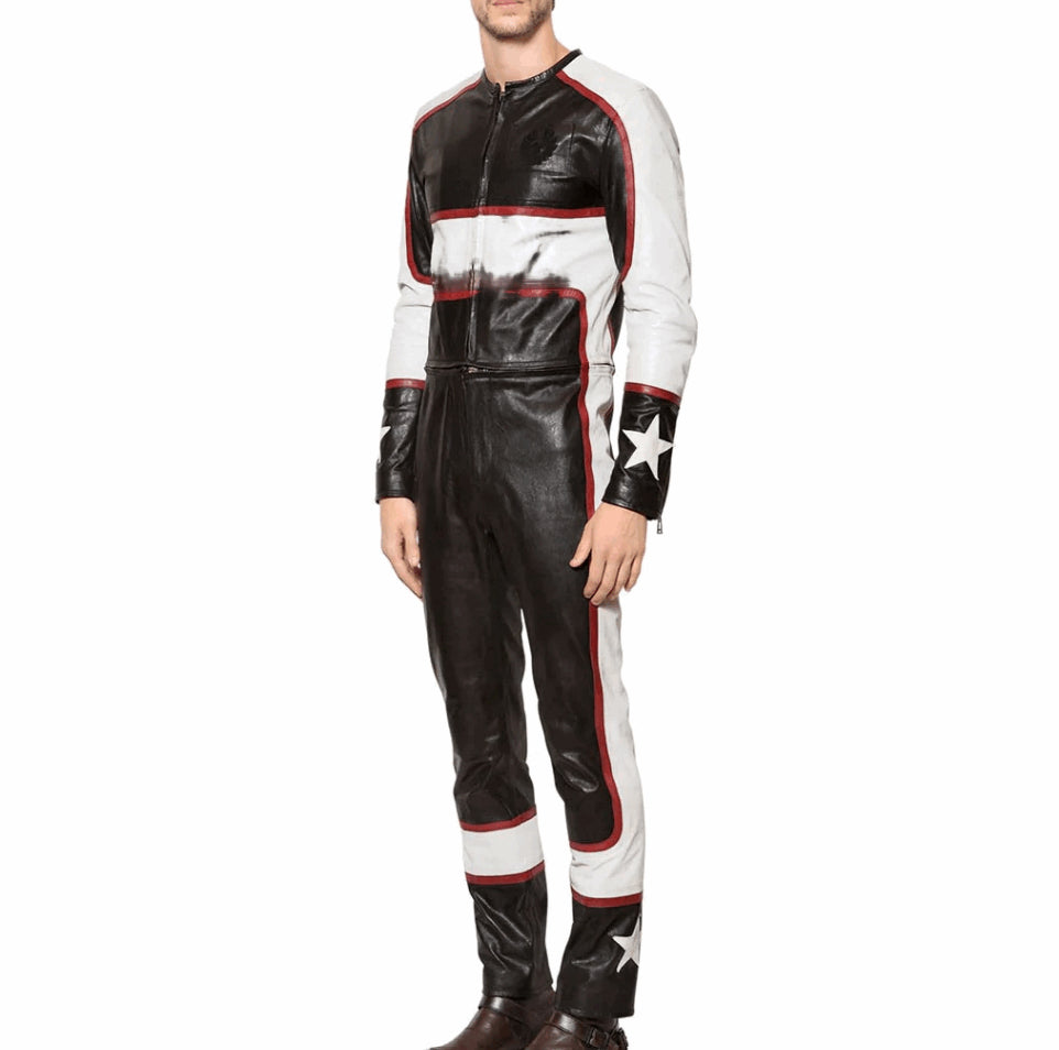 Black Distressed Leather Racing Jumpsuit for Men - Bold & Performance-Ready