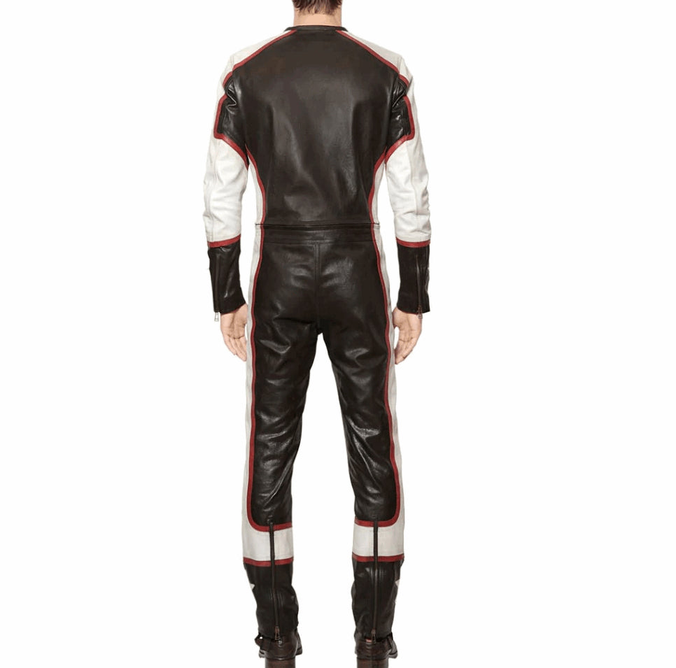 Black Distressed Leather Racing Jumpsuit for Men - Bold & Performance-Ready