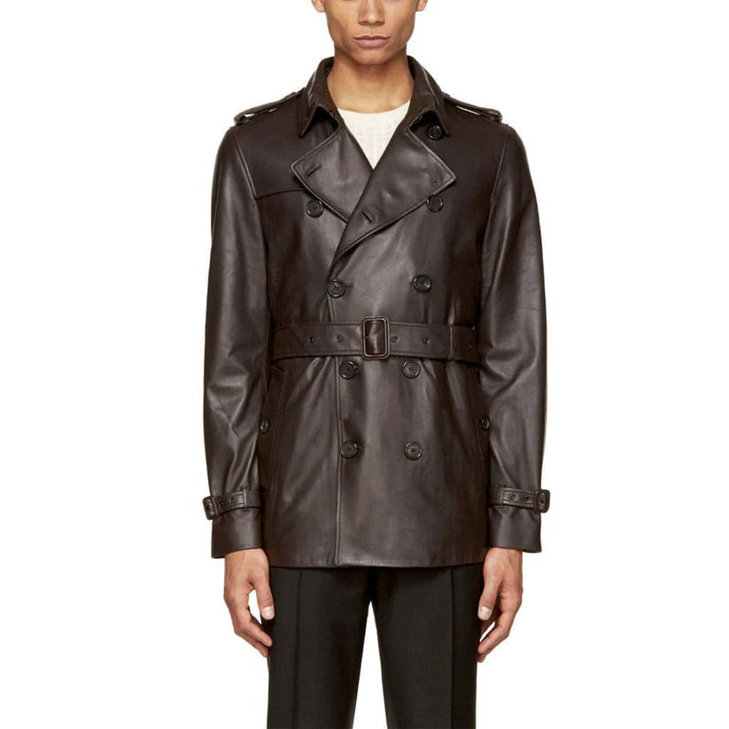 Men’s Double-Breasted Lambskin Leather Coat – Belted & Tailored Style