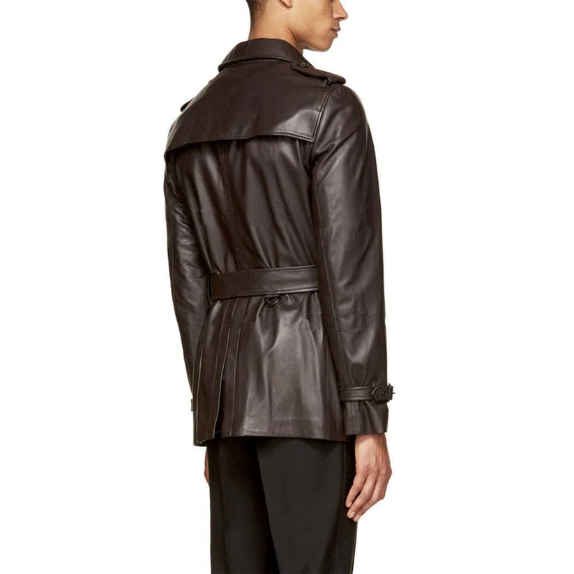 Men’s Double-Breasted Lambskin Leather Coat – Belted & Tailored Style