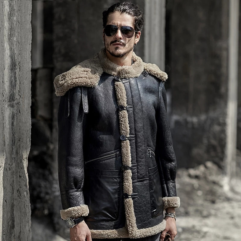 Men's Double Sided B7 Gray Fur Shearling Leather Coat In Black With Removable Hood