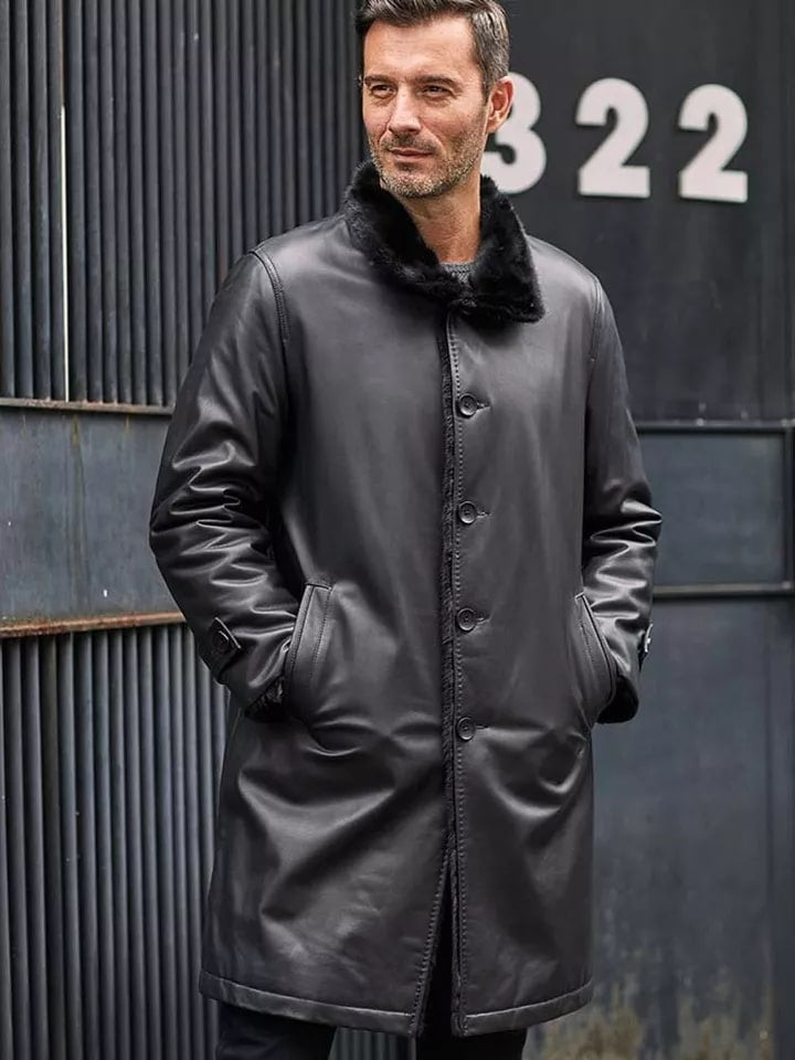 Men’s Double-Sided Shearling Leather Coat – Long Black Fur-Lined Winter Jacket